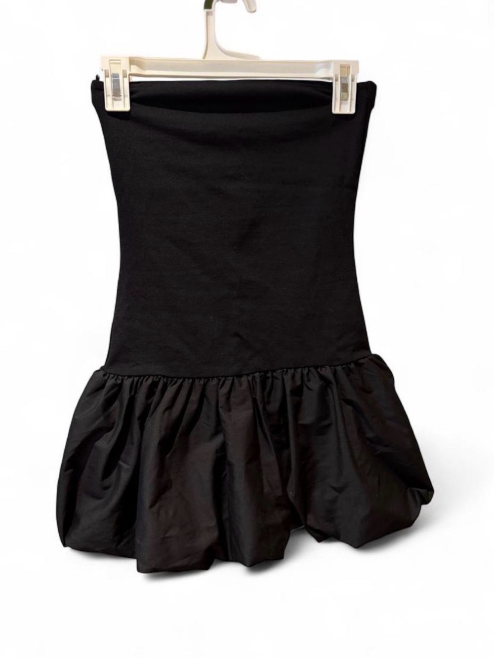 Women's Black Strapless Bubble-Hem Mini Dress